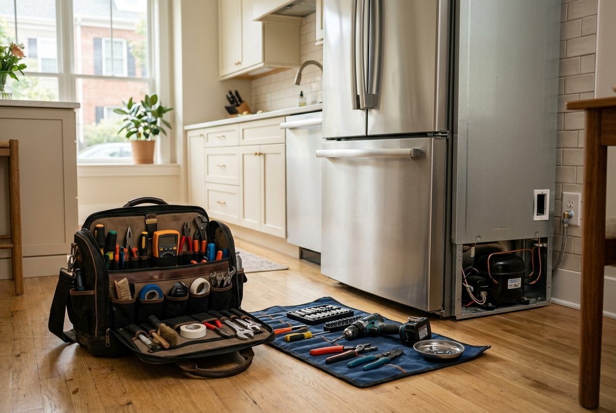 Appliance repair technician at work